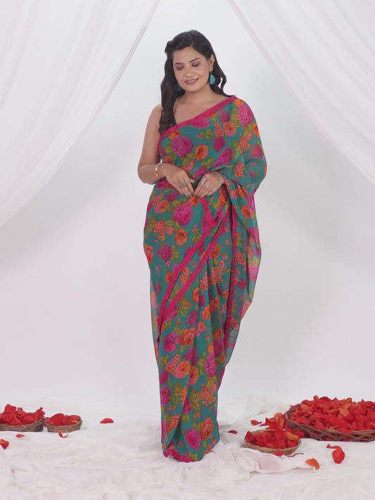 Chiffon Floral Green Saree