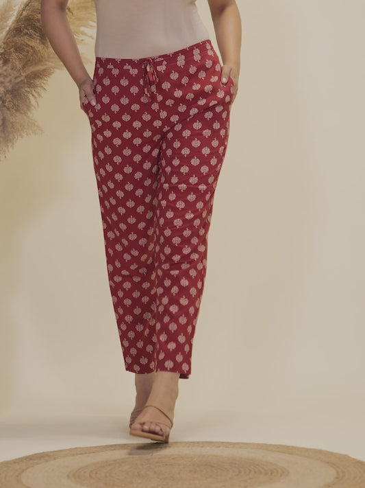 Soft Cotton Ajrakh Maroon Tapered Trousers