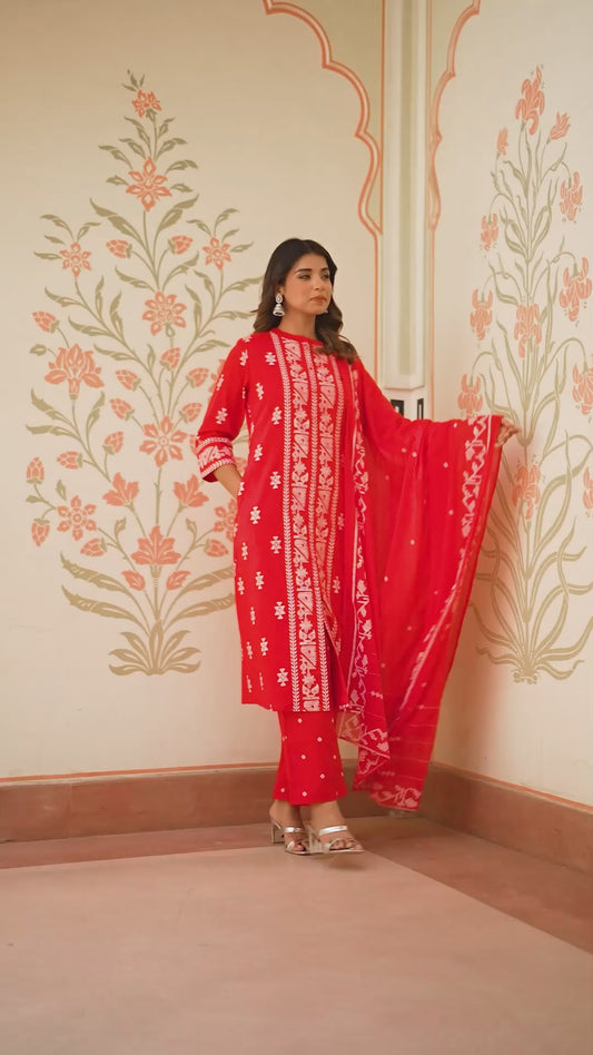 Soft Cotton Geometric Straight Red Kurta