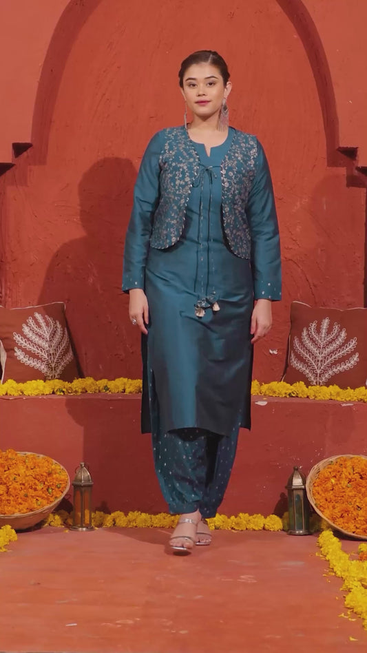 Chanderi Solid Straight Teal Kurta