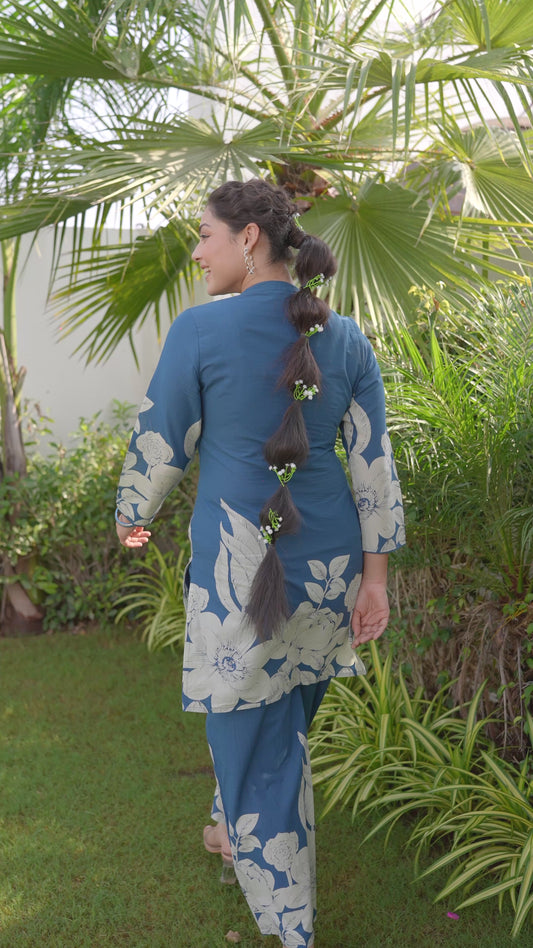 Soft Cotton Placement Print Straight Blue Kurta