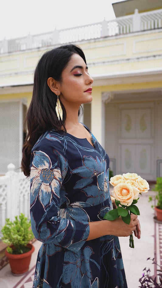 Soft Cotton Floral Anarkali Blue Dress