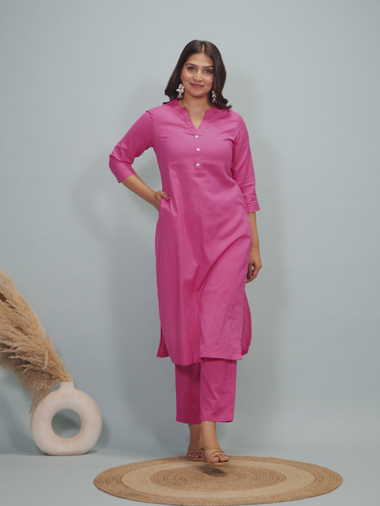 Linen Cotton Solid Straight Pink Kurta