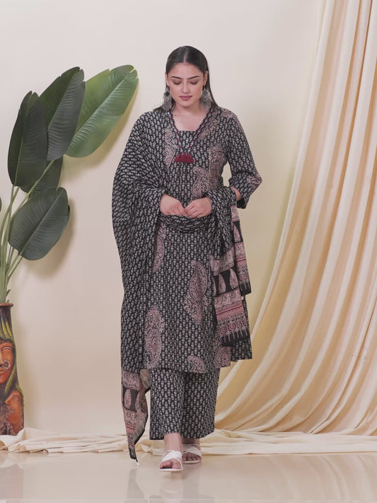 Embroidered Kantha Cotton Paisley Flared Black Kurta