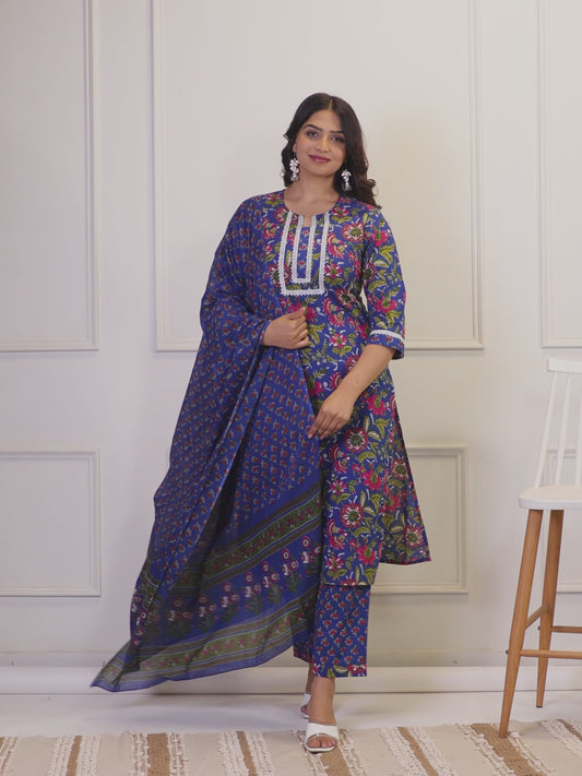 Soft Cotton Floral Straight Blue Kurta