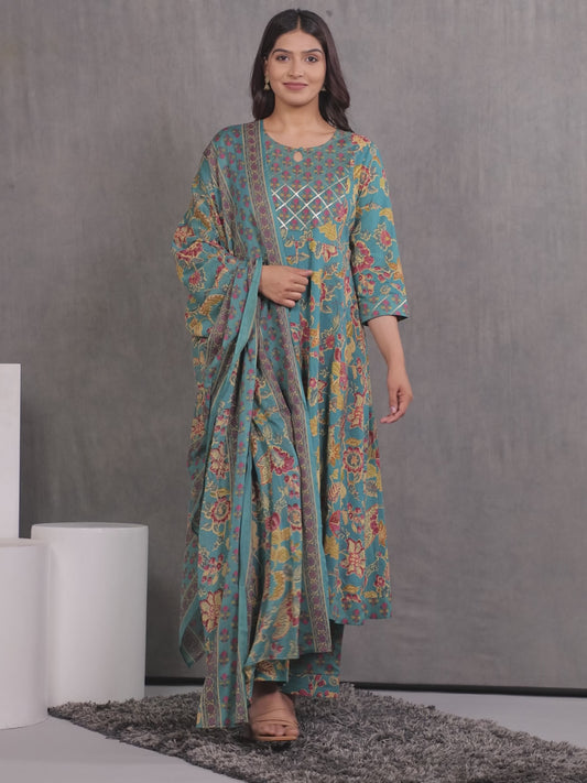 Embroidered Soft Cotton Floral Anarkali Green Kurta