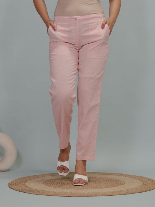 Linen Cotton Solid Pink Tapered Trousers
