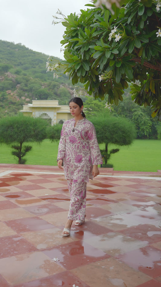 Linen Cotton Floral Straight Off White Kurta