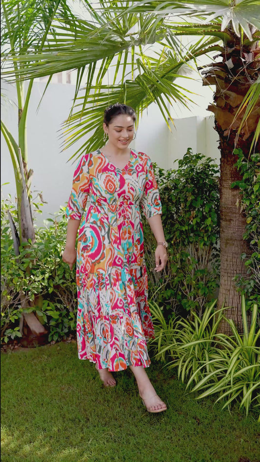 Soft Cotton Abstract Flared Multicolor Dress
