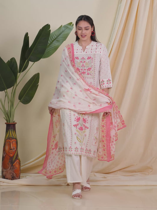 Embroidered Soft Cotton Floral Straight Off White Kurta