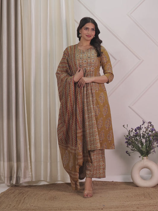 Soft Cotton Ajrakh Flared Mustard Kurta