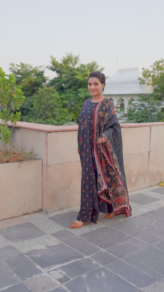 Embroidered Soft Cotton Floral Anarkali Black Kurta
