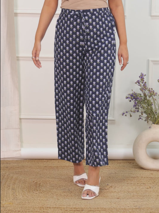 Soft Cotton Floral Blue Straight Trousers