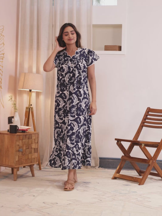 Soft Cotton Abstract Flared Blue Nighty