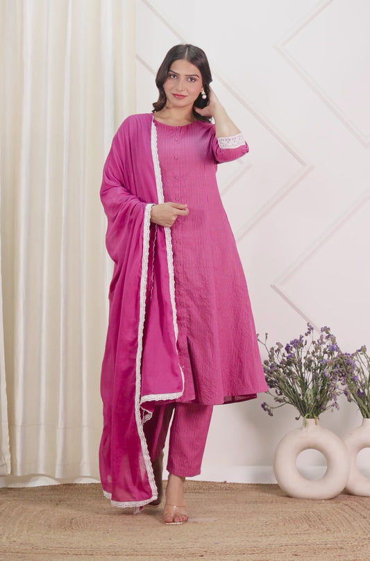 Kantha Cotton Solid A-line Pink Kurta
