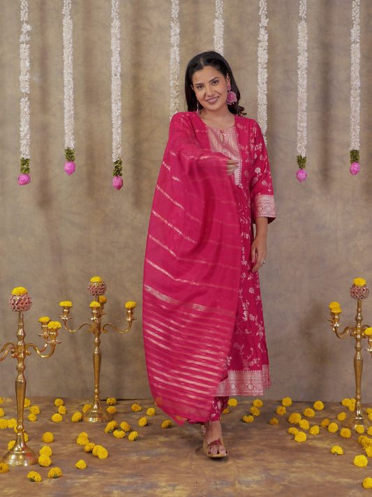 Chanderi Floral Anarkali Royal Pink Kurta