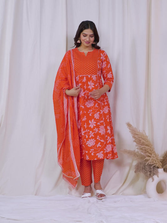 Soft Cotton Bandhani Flared Orange Kurta