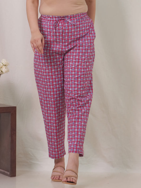 Soft Cotton Mughal Print Pink Trousers  Tapered Trousers