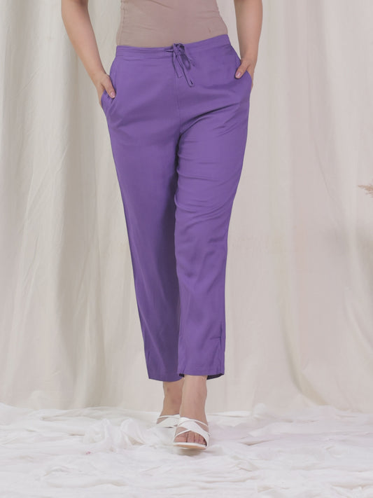 Viscose Solid Purple Tapered Trousers