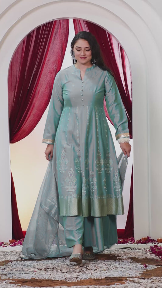 Chanderi Gold foil High Low Turquoise Kurta