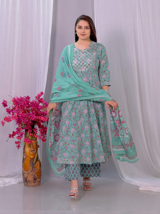 Soft Cotton Floral Anarkali Green Kurta