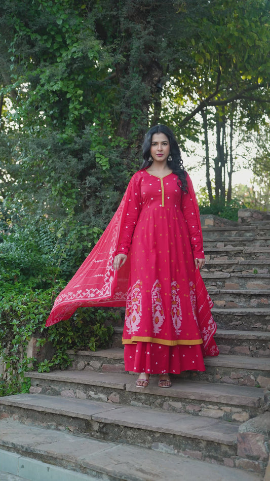 Embroidered Soft Cotton Geometric Anarkali Red Kurta