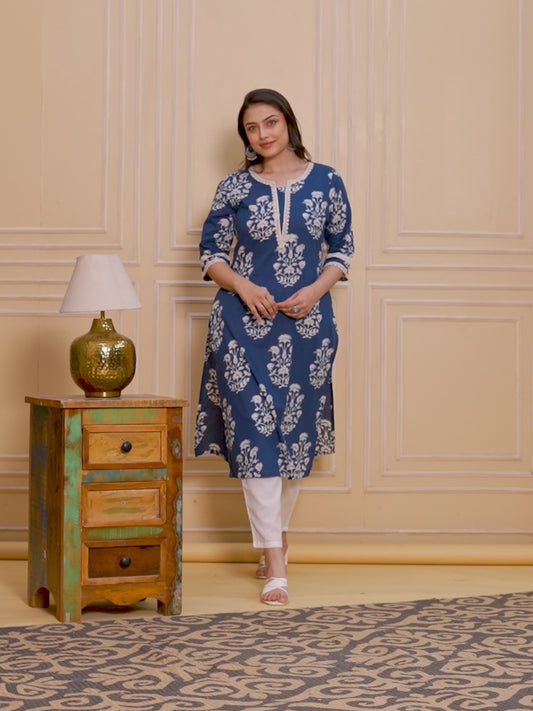 Soft Cotton Floral Straight Blue Kurta
