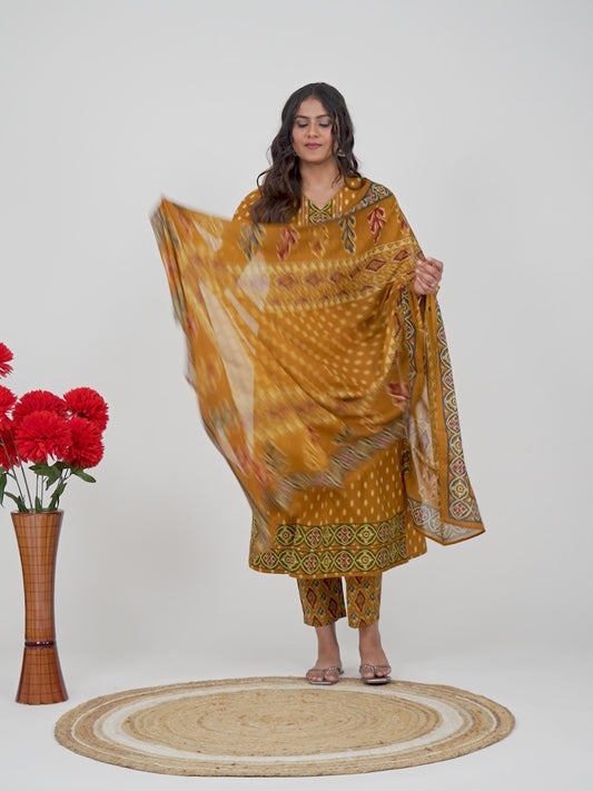 Embroidered Soft Cotton Ikat A-line Yellow Kurta