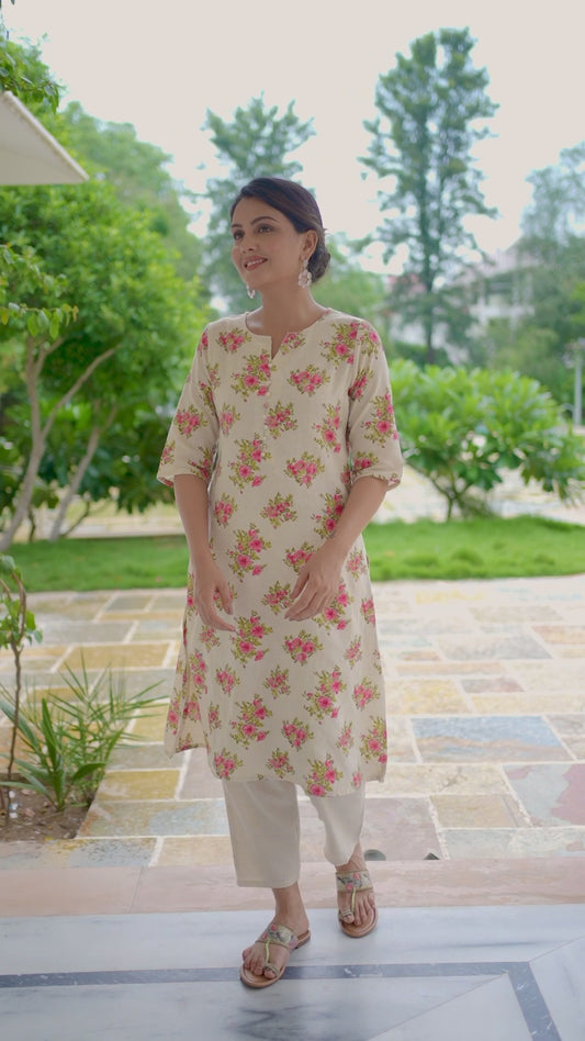 Linen Cotton Floral Kurta