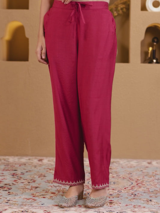 Embroidered Blended Silk Solid Maroon Straight Trousers