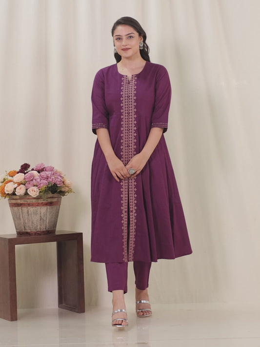 Embroidered Soft Cotton Solid Anarkali Purple Kurta