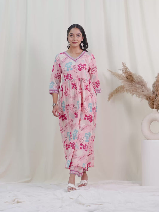 Soft Cotton Foliage Anarkali Peach Kurta