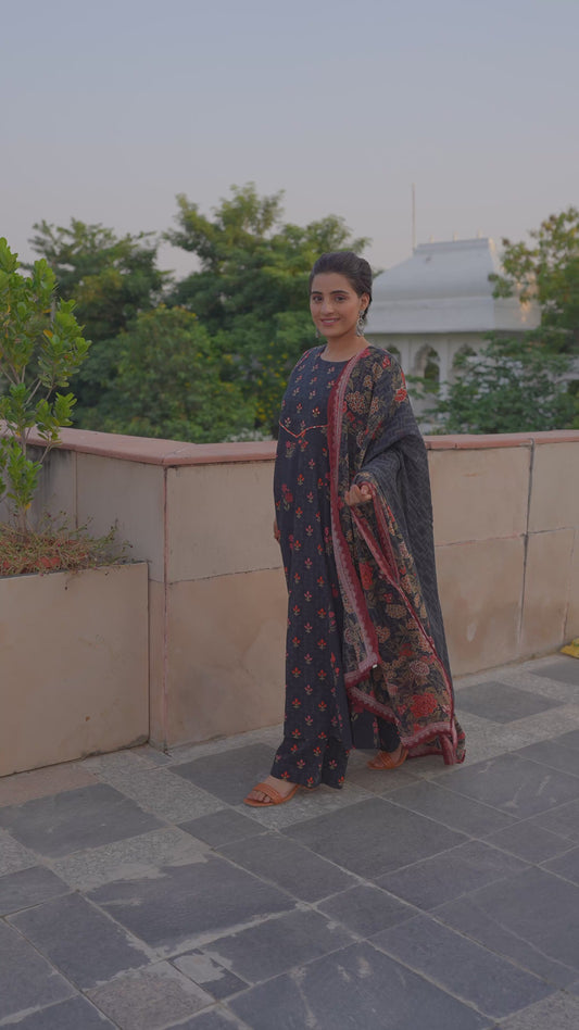 Embroidered Soft Cotton Floral Anarkali Black Kurta