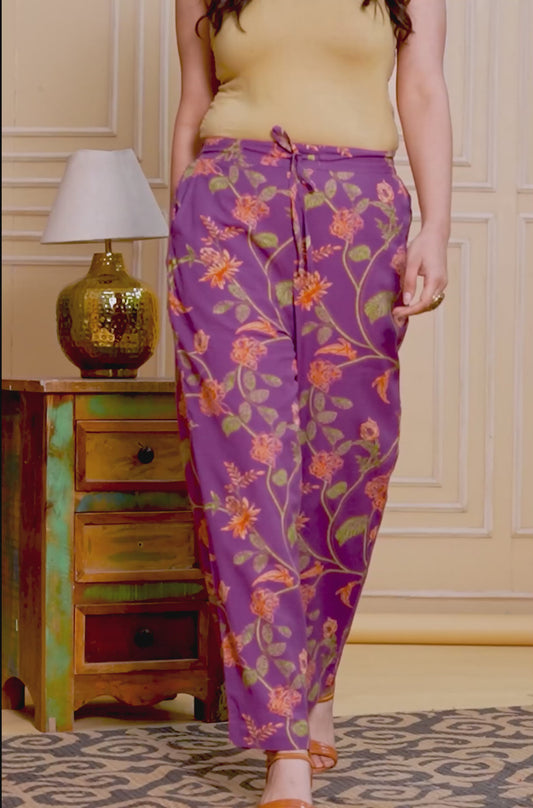 Linen Cotton Floral Purple Straight Trousers