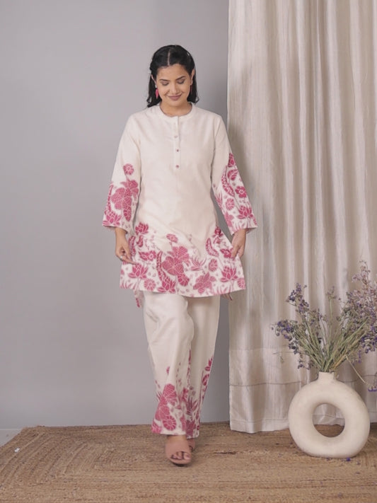 Linen Cotton Placement Print Straight Off White Co-Ord