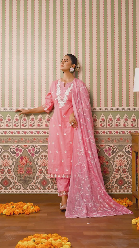 Embroidered Cotton dobby Solid Straight Peach Kurta