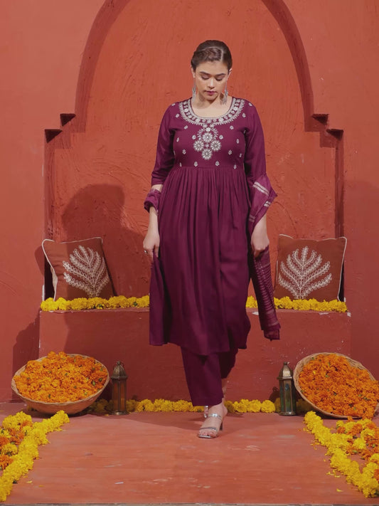 Embroidered Viscose Solid Flared Wine Kurta