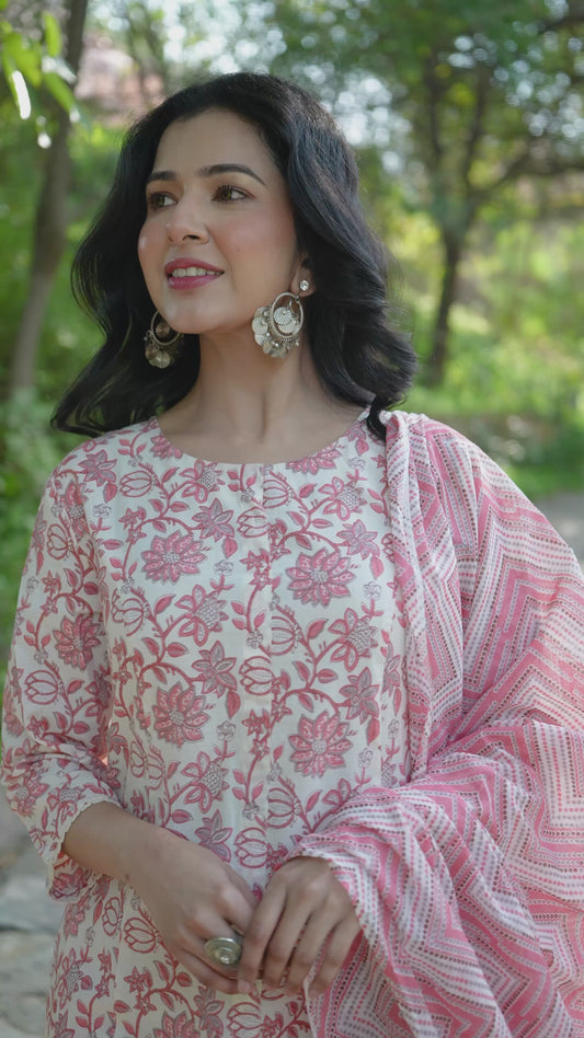 Embroidered Soft Cotton Floral Flared Pink