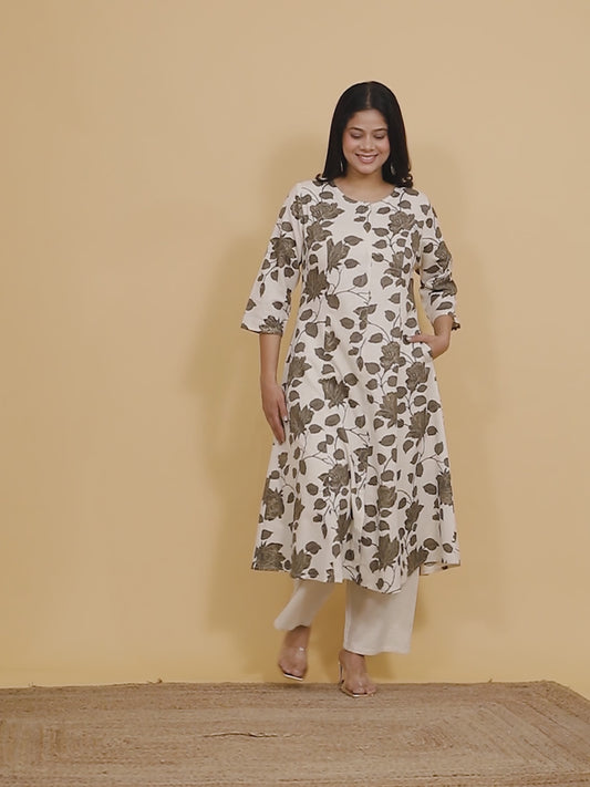 Linen Cotton Floral A-line White Kurta