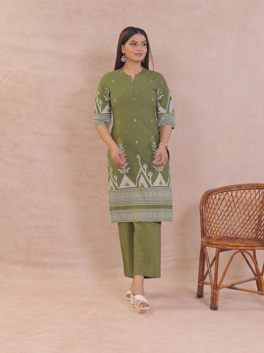 Soft Cotton Geometric Straight Green Kurta