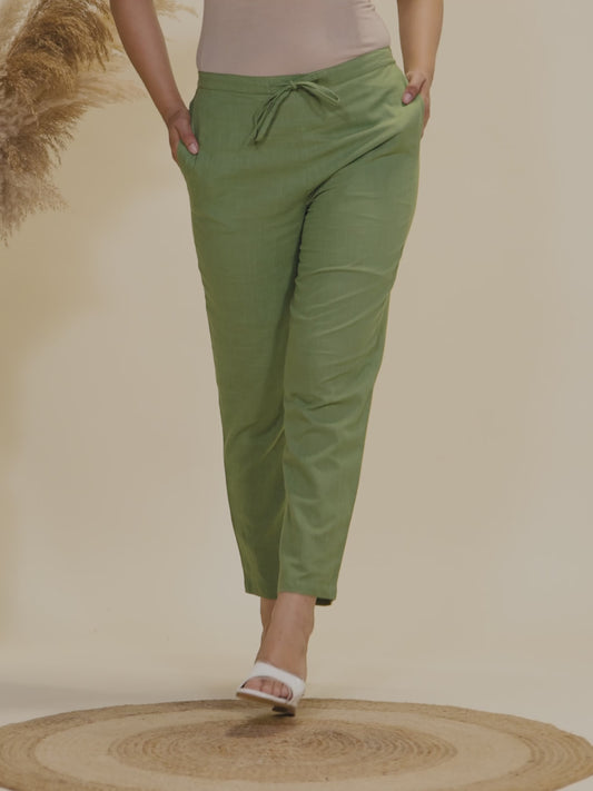 Natural Cotton Solid Green Tapered Trousers