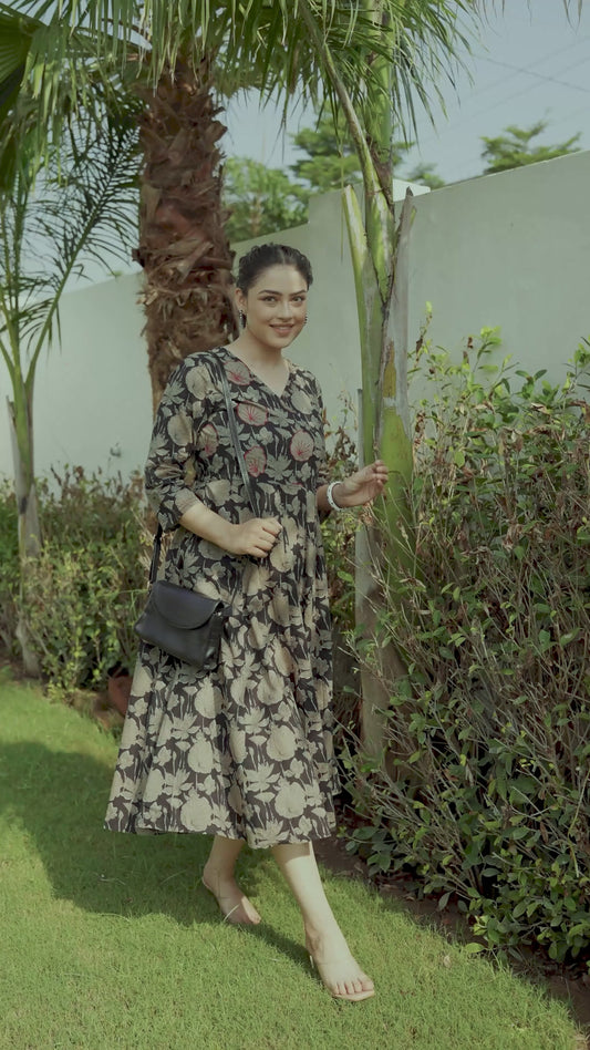 Embroidered Soft Cotton Floral Angrakha Black Dress