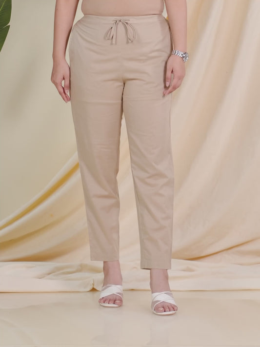 Soft Cotton Solid Beige Tapered Tapered Trousers
