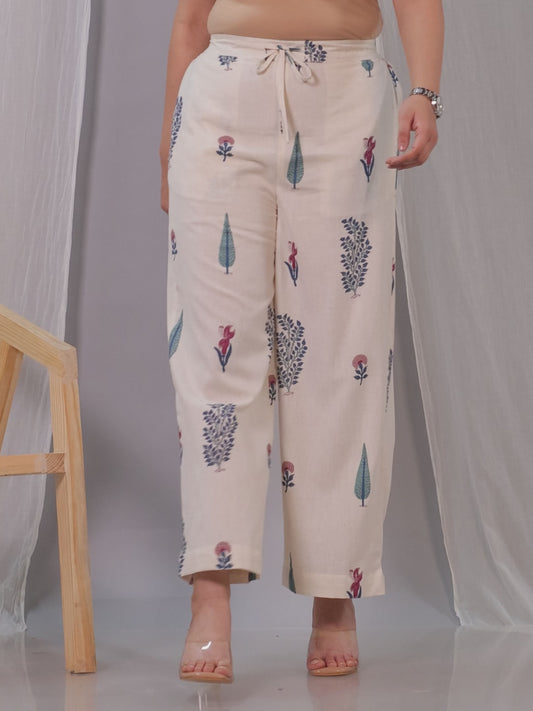 Linen Cotton Floral Off White Palazzo
