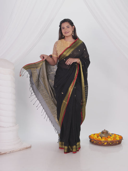 Cotton Jacquard Black Saree