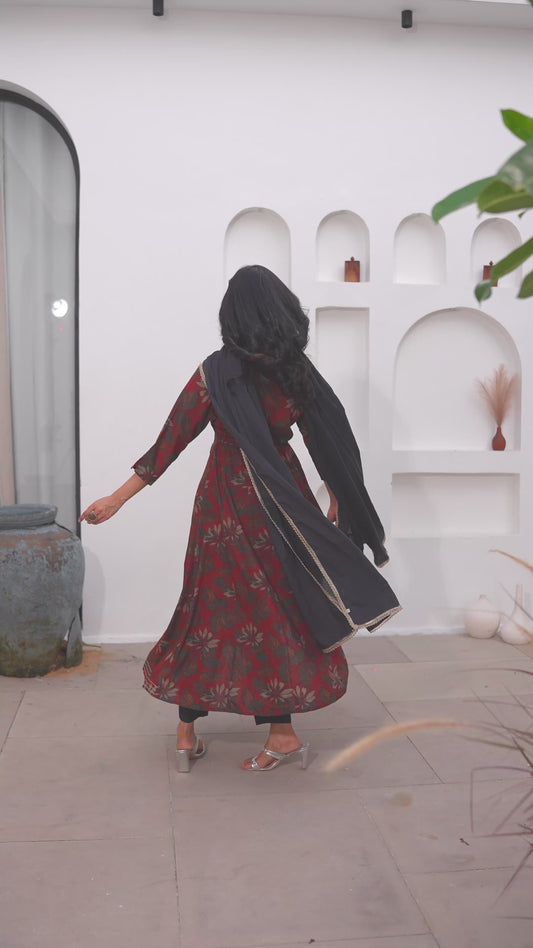 Embroidered Soft Cotton Floral Flared Maroon Kurta