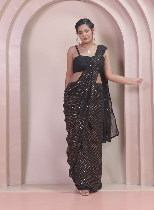 Embroidered Georgette Black Saree