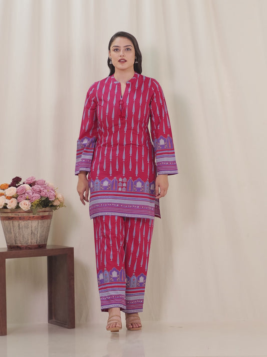 Soft Cotton Mughal Print Straight Pink Kurta