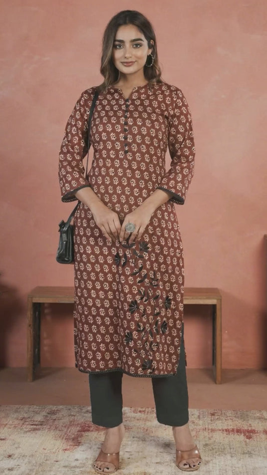 Embroidered Soft Cotton Butti Straight Maroon Kurta