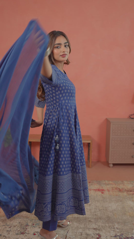 Embroidered Viscose Placement Print Indigo blue Kurta